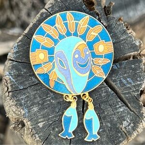 Vintage Cloisonné Brooch – Native Warrior with Dangling Fish